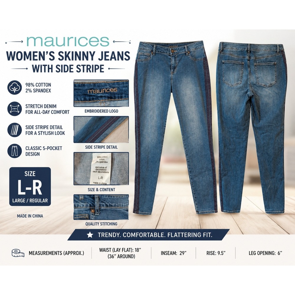 Maurices Womens Skinny Jeans Medium Wash Side Stripe Stretch Denim Size L-R